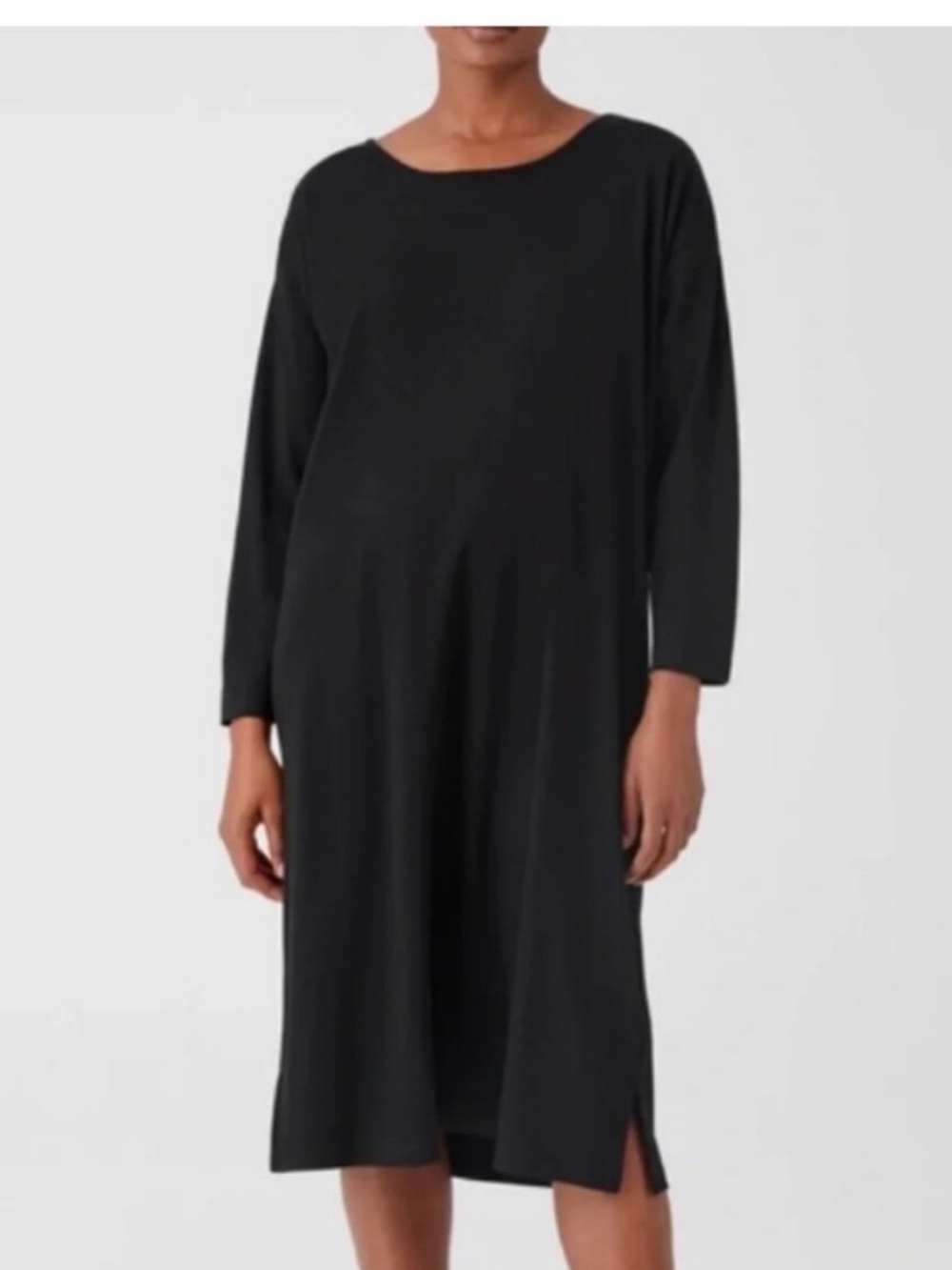 Eileen Fisher Black Minimalist Midi Dress with Drop Shoulders Size L